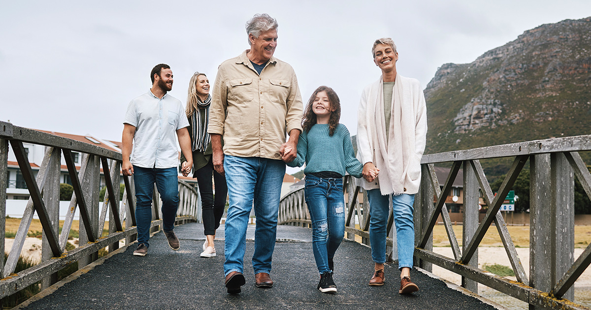 Family walking on bridge